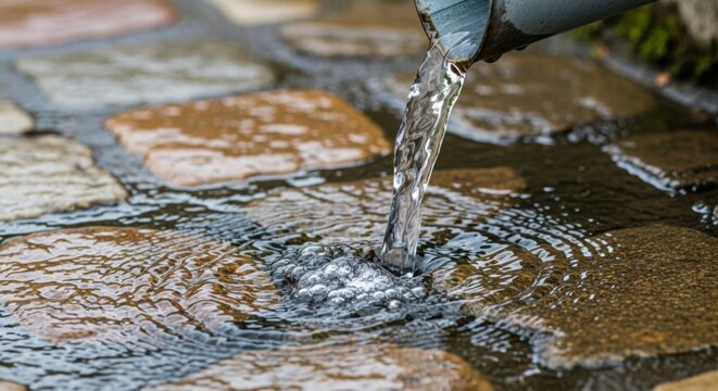 Water flowing from drainpipe onto cobblestone surface creates ripples in puddle and reflects sunlight. Movement of water and stone textures generate tranquil outdoor atmosphere.