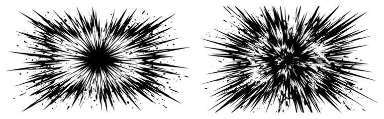 Abstract explosion burst silhouettes with sharp jagged lines. Dynamic starburst and ink splash elements for comic style energy and action design. © Luka