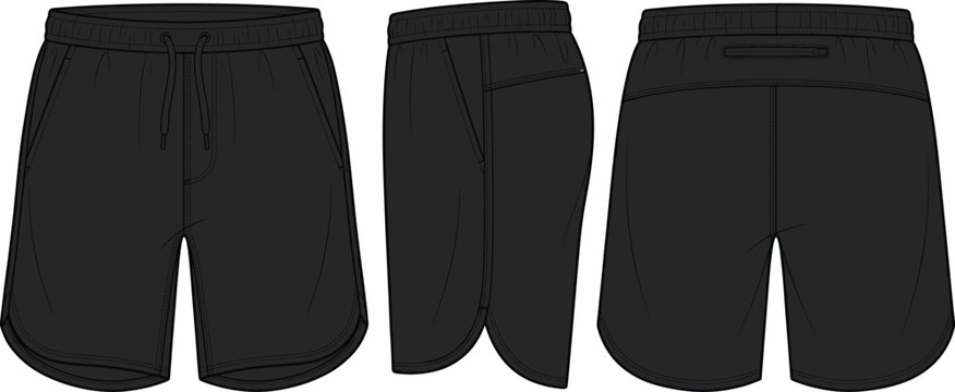 Black athletic shorts, front, side, and back views