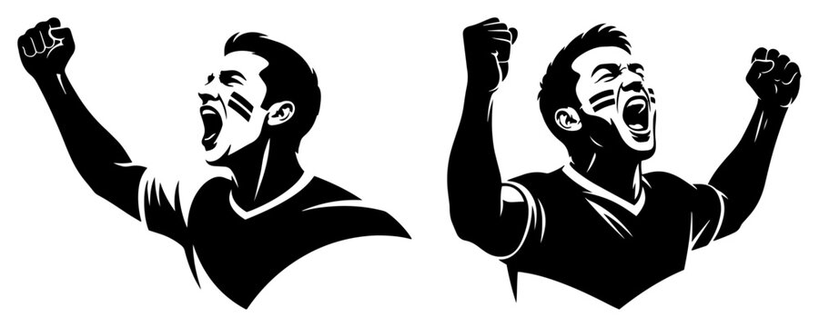 Enthusiastic male soccer fan cheering with raised arms. Portrait silhouette of football supporter screaming with joy for sports event and victory.
