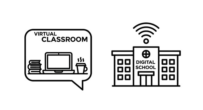 Virtual classroom and digital school icons set with e learning classroom education learning e-learning internet university academic knowledge