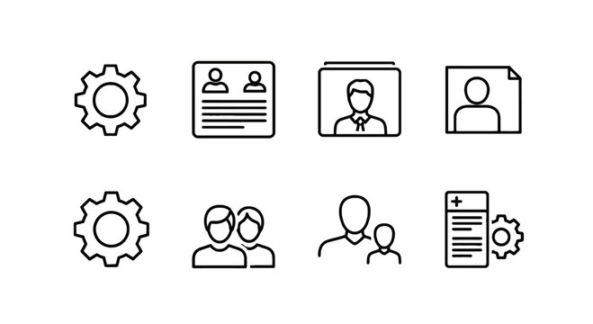 Set of business and organizational line icons including gear profile team report document symbols with business document management corporate interface