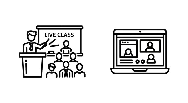 Live class presentation and virtual meeting icon set with e learning education teaching presentation conference learning classroom training workshop
