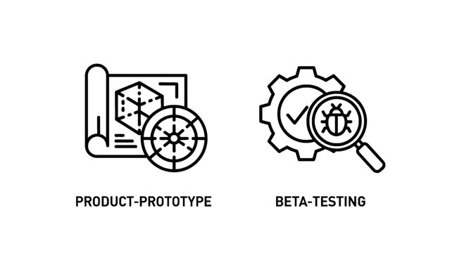 Product development prototype and beta testing process icons with prototype development software magnifier blueprint technical engineering creation
