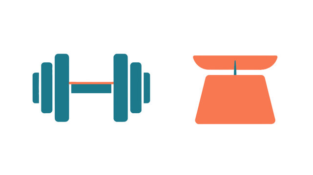 Gym and fitness icons featuring a teal dumbbell and orange kettlebell for health and sport