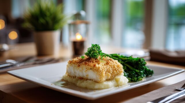 Crispy baked fish filet served over creamy mashed potatoes with saut?ed broccolini on a white plate in a cozy dining setting with natural light
