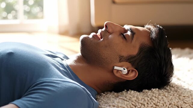 Man wearing wireless earbuds lies on rug. Peaceful sunlight creates calm mood. Use for wellness or tech themes.