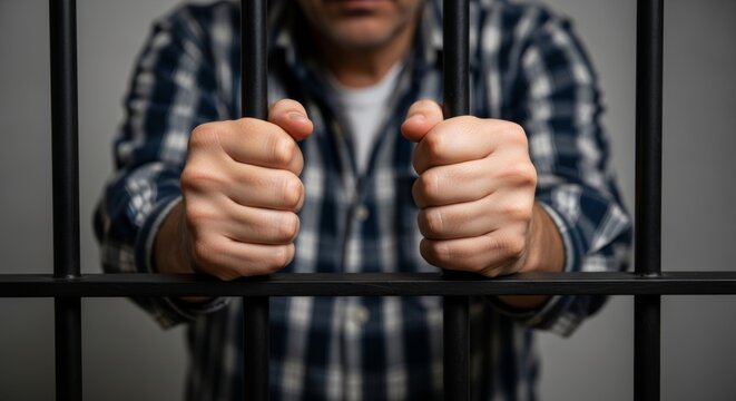 Arrested man in a plaid shirt holding prison bars waiting for his lawyer's visit.
