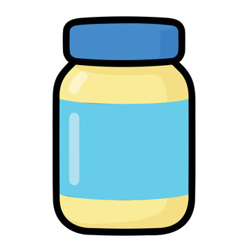 Cartoon style illustration of jar of sauce with blue lid and space for branding