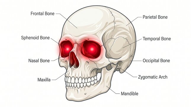 Detailed anatomical illustration of a human skull with glowing red eye sockets, symbolizing mortality, intensity, and surreal fusion of science and art in expressive design.