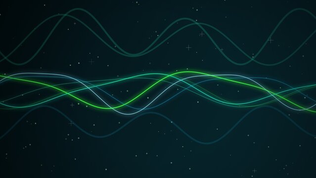 A horizontal composition showcasing abstract flowing lines of light against a dark, starry background. The main subjects are multiple thin, luminous curves that weave and interlace across the center