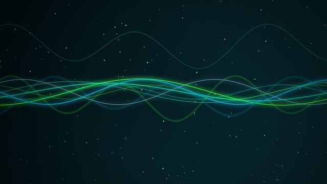A horizontal composition showcasing abstract flowing lines of light against a dark, starry background. The main subjects are multiple thin, luminous curves that weave and interlace across the center