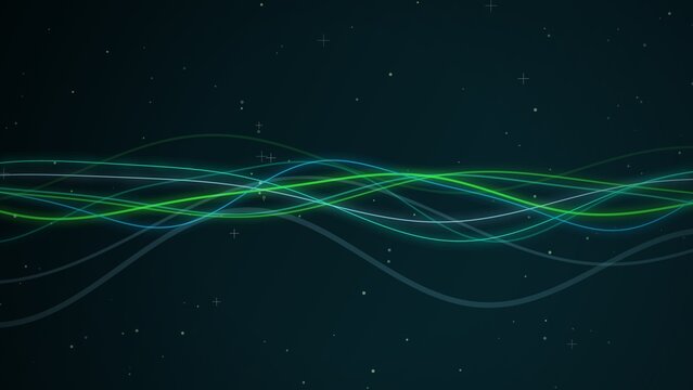 A horizontal composition showcasing abstract flowing lines of light against a dark, starry background. The main subjects are multiple thin, luminous curves that weave and interlace across the center
