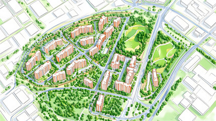 Fototapeta premium Top down city plan layout with zones and color coded areas.