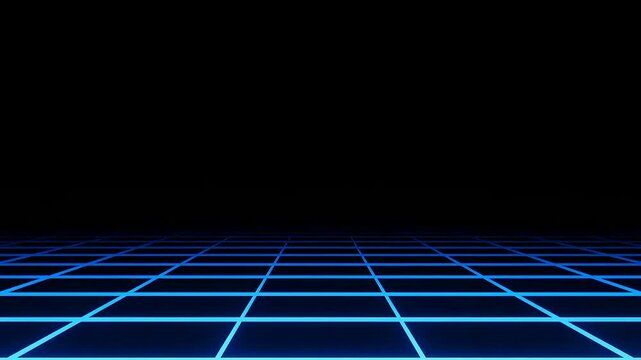 Grid floor illuminated by glowing blue lines extends into the dark infinite horizon representing a digital realm or advanced cyberspace environment.