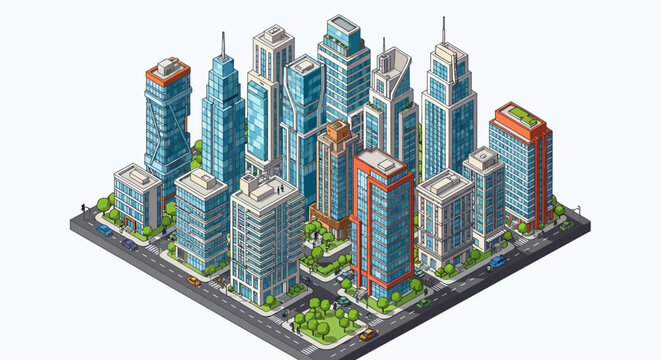 Modern isometric city district with skyscrapers and park trees