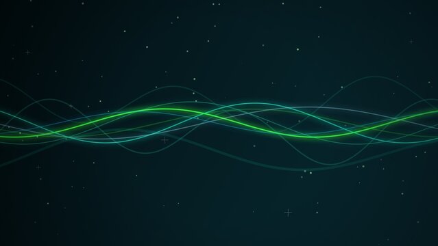 A horizontal composition showcasing abstract flowing lines of light against a dark, starry background. The main subjects are multiple thin, luminous curves that weave and interlace across the center