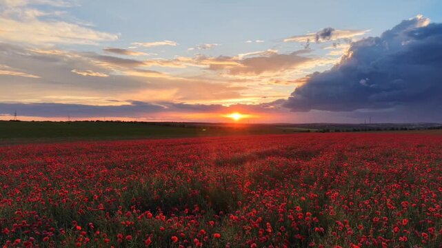 Aerial view of vibrant red poppy field at sunset with dramatic clouds and glowing horizon. Scenic summer landscape captured by drone.