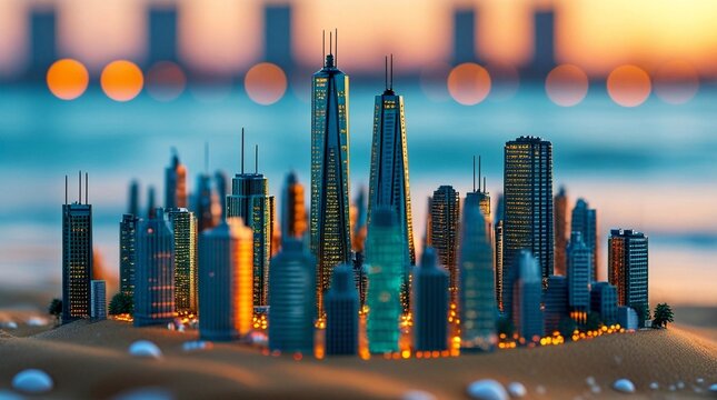 Miniature-style modern city skyline with glowing skyscraper windows at dusk and blurred bokeh lights in the background