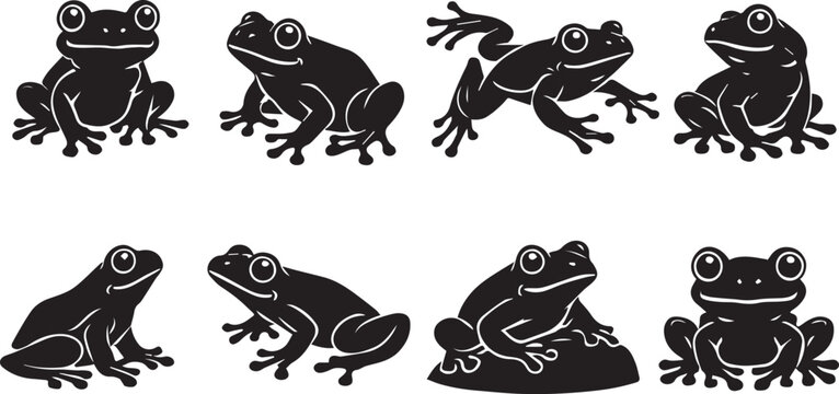 Black and white frog illustrations jumping and sitting in various poses on white background