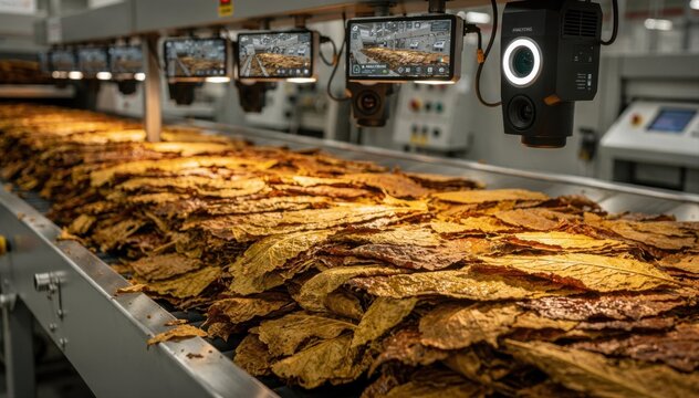 Conveyormounted AI cameras capturing detailed images of tobacco leaf texture and color ensuring precise grading and sorting for premium product standards.