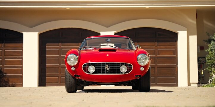 FERRARI 250 SWB REVIVAL, Legendary, retro sports car. red car in front of a house