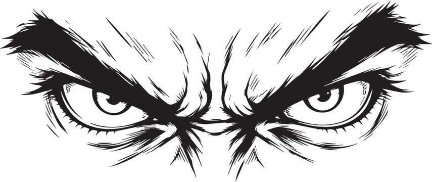 Intense black and white ink drawing of fierce animal eyes with sharp lashes and dramatic expression