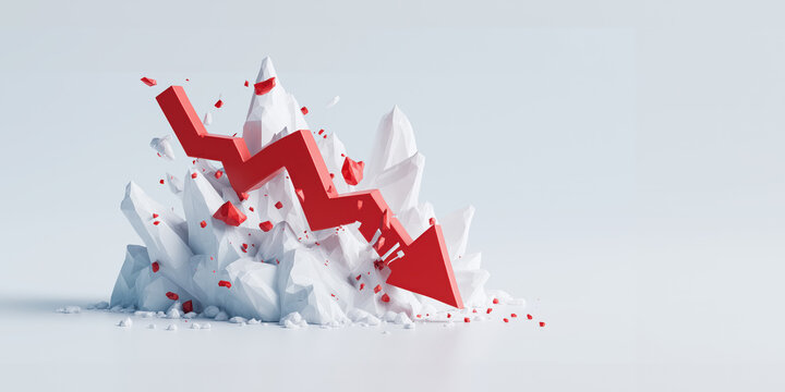 Red downward arrow crashing through white shattered surface