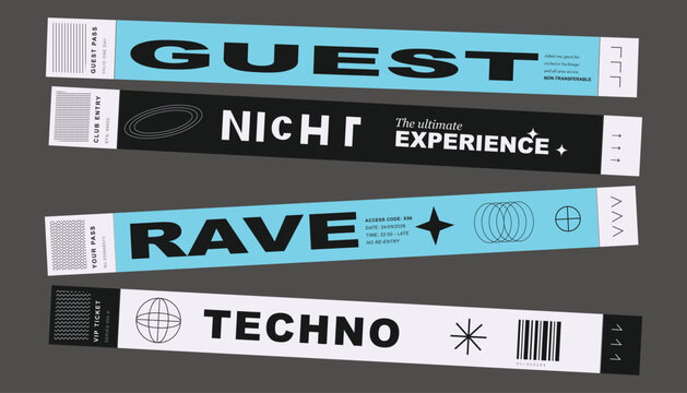 Set of modern event wristbands for rave, techno party, club entry and guest access with typography and abstract geometric design elements