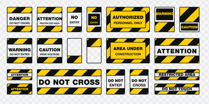Set of industrial warning signs and hazard labels, yellow and black striped safety markers for construction sites and restricted areas