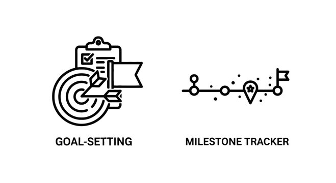 Goal setting and milestone tracker line art icon set for business planning and progress monitoring with milestone business planning progress strategy