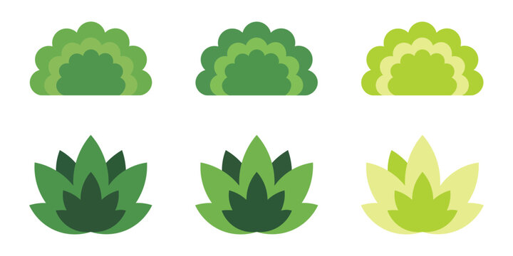 Set of green bushes and plants, flat vector icons for garden or landscape design