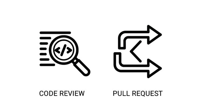 Code review and pull request vector line icons set for software development process with software development programming debugging repository computer