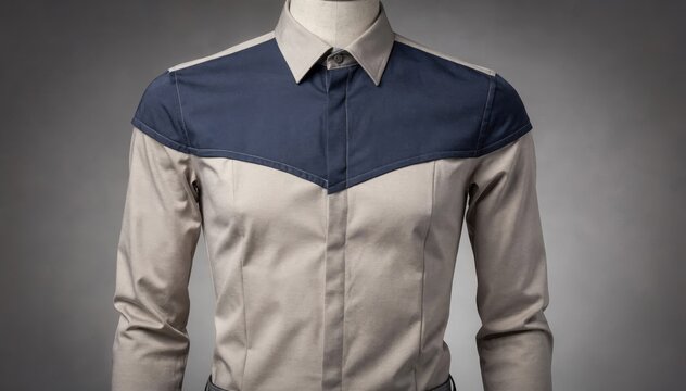 Medium shot capturing a yoke panel shirt with bold contrasting upper shoulder panels highlighting craftsmanship and contemporary fashion details.