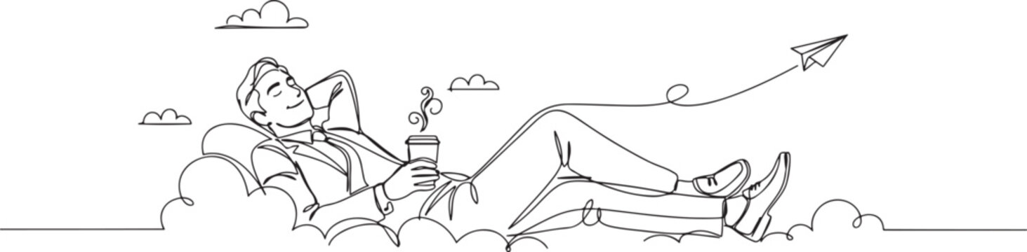 relaxed and successful happy businessman relaxing laying on clouds. Break, vacation, coffee time and relaxation Single line draw design vector graphic illustration