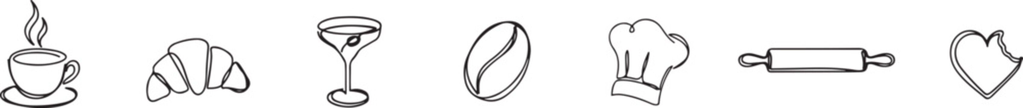 Set of Сontinuous one line art cafee elements. Linear style and Hand drawn logo. Cafee and bakery concept Single line draw design vector graphic illustration