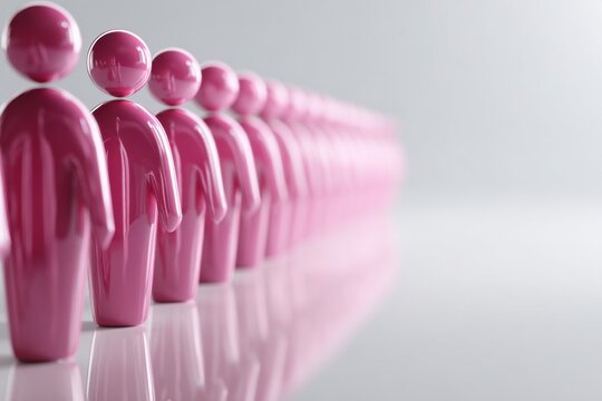 A row of glossy pink stylized human figures standing in line representing unity, teamwork, and collective effort on a reflective surface with soft lighting and gradi