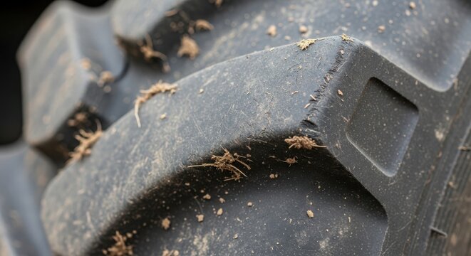 Close-up of tractor tire with dirt and debris adhering to surface, showcasing rugged tread design and agricultural context. Tractor tire is essential for farming equipment,