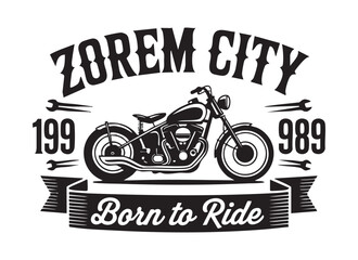 Obraz premium Motorcycle emblem design with custom bike, wrenches, and ribbon banner on white background.