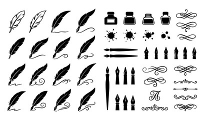 Quill feather and ink outline collection vector illustration © Md