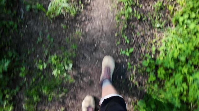 Handheld first-person view of a person walking a narrow sunlit dirt path bordered by dense green foliage and yellow wildflowers. The right leg in a beige sneaker steps forward in