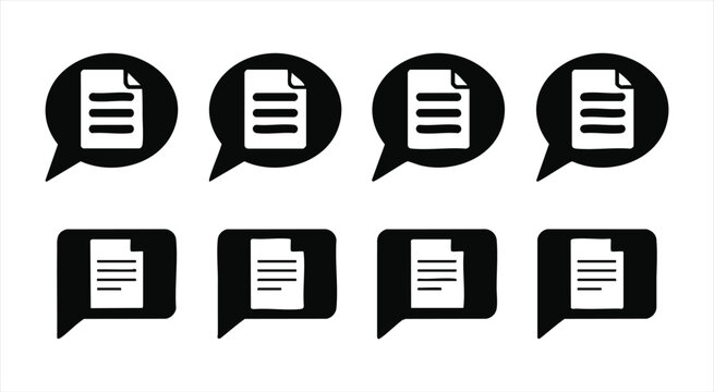Document chat icon set featuring text paper symbols inside speech bubbles for message communication.