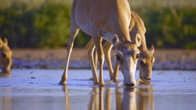 Critically endangered saiga antelope herd drinking water at a watering hole in the wild steppe