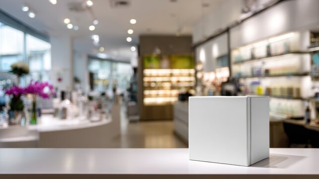 White rectangular product packaging box on glossy counter with blurred luxurious cosmetic store interior in the background showcasing beauty and skincare products di