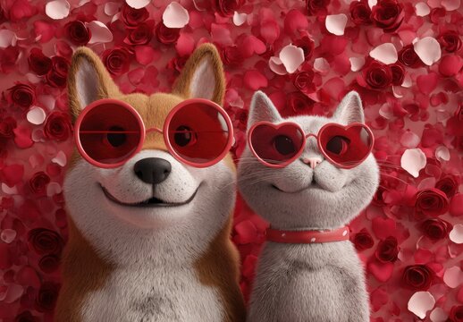A cute corgi dog and a fluffy cat wearing red heart-shaped sunglasses posing together against a background, of scattered red, rose petals