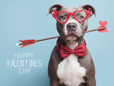 A cute gray pit bull dog wearing red heart shaped glasses and a red bow tie, holding a cupid arrow in its mouth against a light blue background