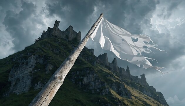 Tattered white flag waving on a pole in front of ruined castle on a hill white flag, surrender, peace, truce, flag, tattered, torn, waving, pole