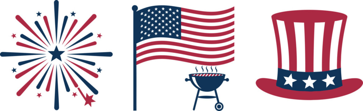Fourth of july patriotic elements fireworks american flag grill and uncle sam hat isolated on transparent background