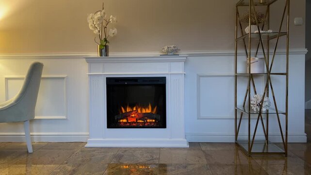 A professional horizontal steady shot of a modern white wooden fireplace with a burning electric insert. High-quality 4K footage.
