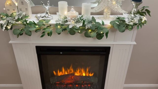 Horizontal video of a handmade white wooden fireplace mantel decorated with winter eucalyptus garland, lights, and modern electric insert with burning flames